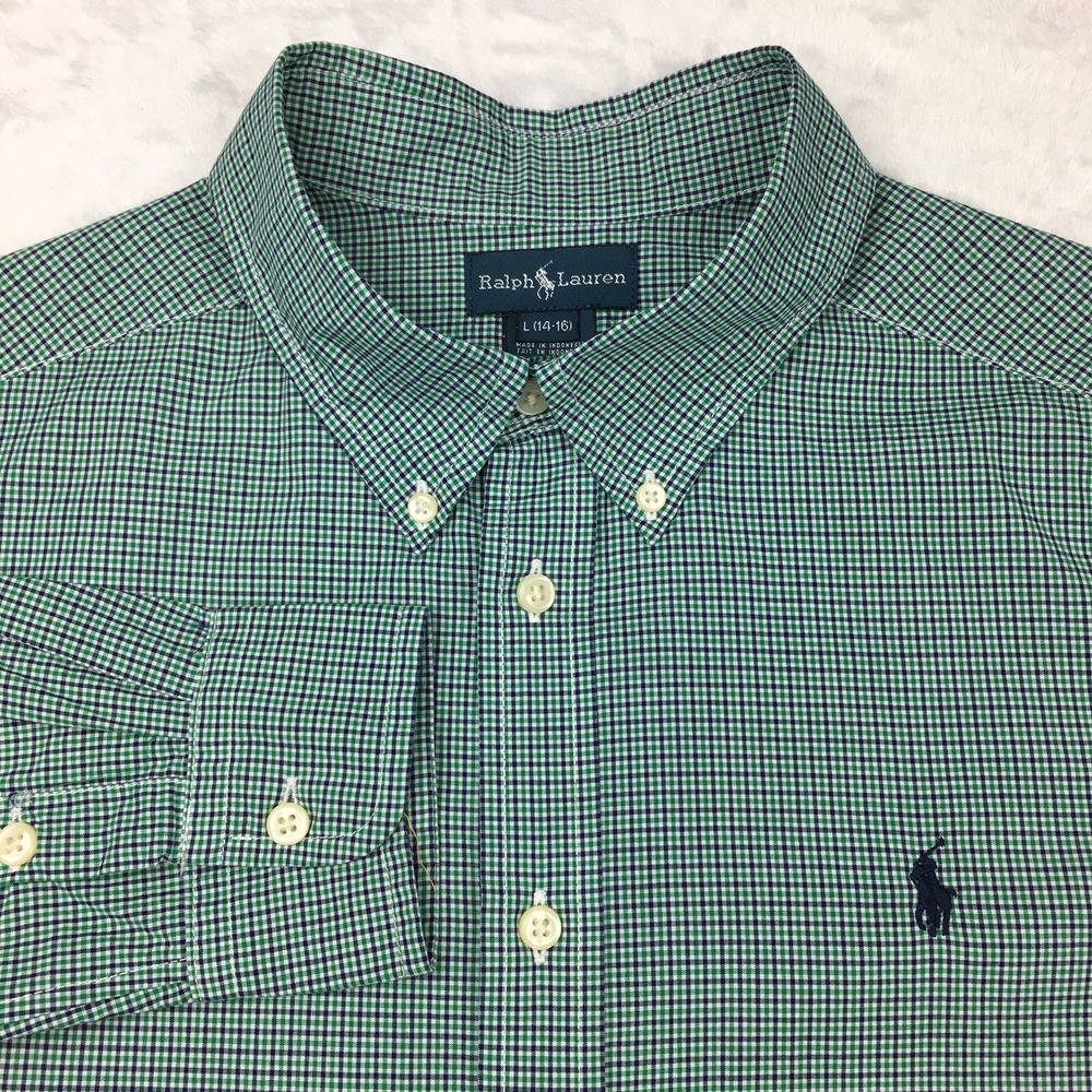 Ralph Lauren Shirt Boys Large (14-16) Green Micro-Check Blue Pony